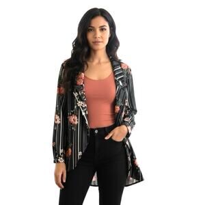 MOA MOA Floral Striped Open Front Blazer Cardigan Black Drape Hem Jacket Size S